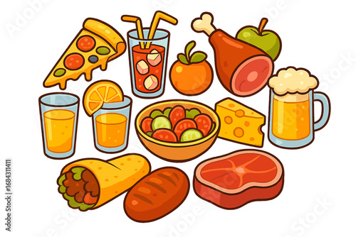 Cartoon food and drink vector icon set. Collection of colorful meal illustrations: pizza, beer, steak, salad, burrito. Fast food, lunch, dinner menu graphic elements.