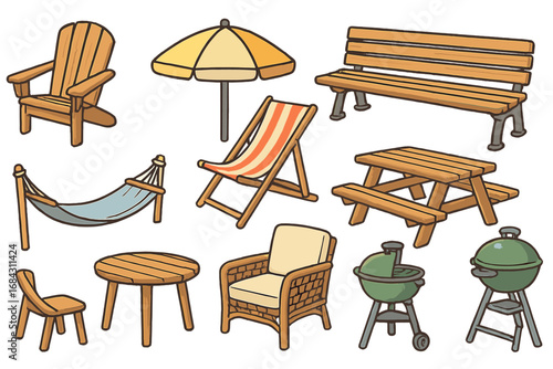 Outdoor furniture and garden icon set for relaxation and recreation. Vector cartoon illustration of patio essentials like a chair, table, bench, grill, hammock, and umbrella.