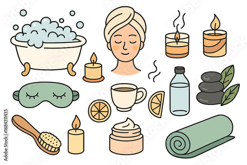 Self care doodle icon set. Vector cartoon illustration of spa day, bath, and wellness items. Concepts of relaxation, hygiene, beauty treatment, and mental health.