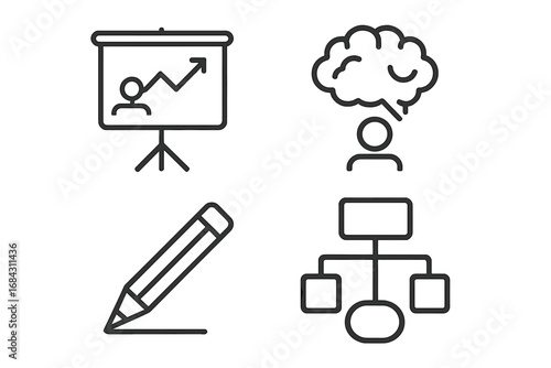 Business presentation and planning line icon set. Includes growth chart, brainstorming, creative idea, pencil, and workflow diagram. Minimalistic vector pictogram with editable stroke.