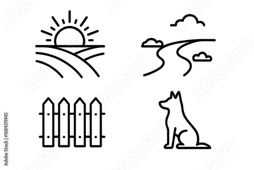 Rural dawn icon set. Outline icons of country life. Sunrise over fields, dirt farm path, picket fence, and farm dog silhouette. Vector line art illustration for nature.