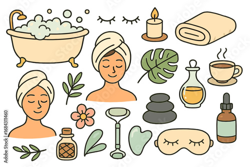 Self care doodle art set. Home spa and wellness elements. Woman beauty routine, relaxation, bath, cosmetics. Vector cartoon line icons for skincare and mental health.