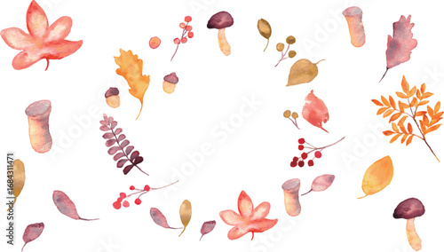 水彩画。水彩タッチのベクター秋イラスト。秋の枯葉やきのこのイラスト。秋の紅葉や葉っぱのフレーム。Watercolor. Watercolor-style vector autumn illustrations. Illustrations of autumn leaves and mushrooms. Frames featuring autumn foliage and leaves.