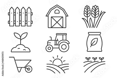 Farming and agriculture vector line icon pack. Editable stroke symbols for web and design. Includes barn, tractor, harvest, wheat, field, fence, seeds, sprout and wheelbarrow.