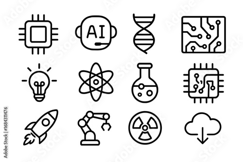 Technology and Science Outline Icon Set. Artificial Intelligence, DNA, Circuit Board, Light Bulb, Atom, Chemistry, Robotics, Rocket, Nuclear, Cloud Computing. Vector Line Icons, Transparent Background