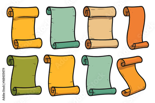 Set of old scrolls vector cartoon illustration. Colorful rolled parchment paper. Ancient document or vintage blank manuscript. History treasure map. Retro banner collection.