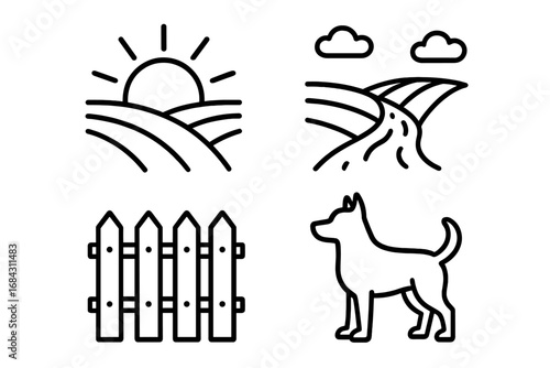 Rural dawn icons set. Outline vector symbols of countryside life with sunrise over fields, dirt farm path, picket fence, and farm dog. Agriculture and nature concepts.