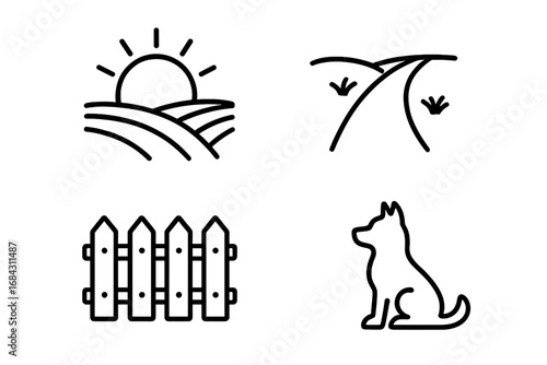 Country life line icon set. Simple vector icons of rural scenes at dawn. Sunrise over farm fields, dirt path, picket fence, and dog. Minimalist agriculture symbols.