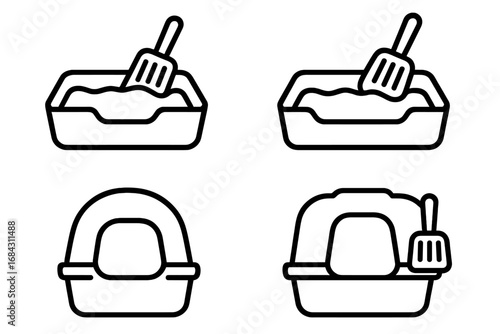 Cat litter box line icon set. Open and covered trays with scoop for pet toilet. Simple outline vector illustration for animal care, hygiene and domestic supplies.