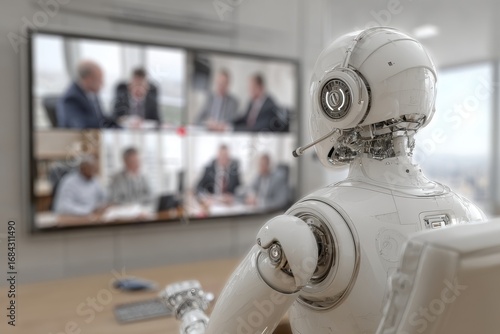 Robot Attends Virtual Meeting with Business Professionals in Office
