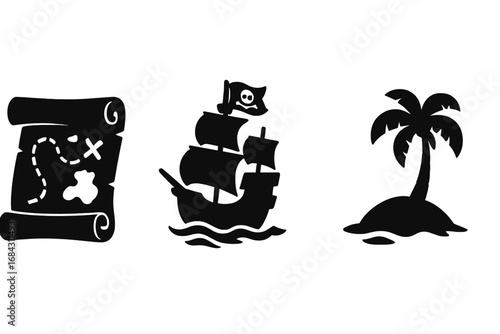 Pirate adventure icon set. Silhouette collection of a treasure map, ship, and island. Vector cartoon illustration for a sea journey, treasure hunt, and maritime exploration.