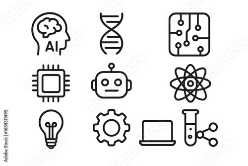Artificial intelligence AI outline icons set, DNA molecule, robot, circuit board, microchip, atom, innovation, engineering, test tube, science technology vector illustration isolated transparent