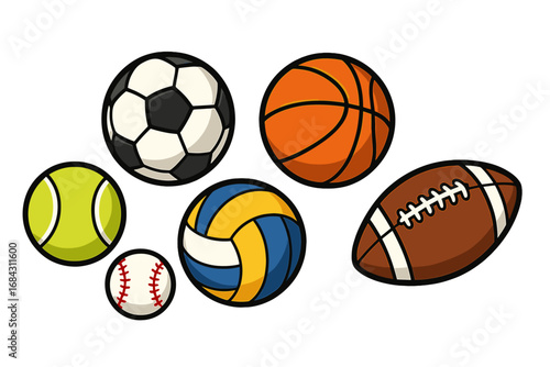 Sport balls vector set. Collection of cartoon icons: soccer, basketball, American football, volleyball, tennis, baseball. Sports equipment for team games illustration isolated.