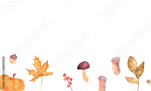 水彩画。水彩タッチのベクター秋イラスト。秋の枯葉やきのこのイラスト。秋の紅葉や葉っぱのフレーム。Watercolor. Watercolor-style vector autumn illustrations. Illustrations of autumn leaves and mushrooms. Frames featuring autumn foliage and leaves.