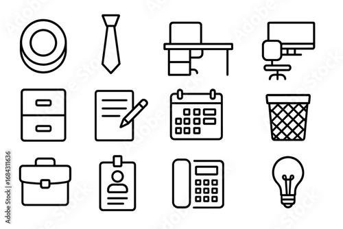 Office line icons set. Business and work symbols. Corporate vector icon pack with editable stroke. Contains desk, computer, calendar, briefcase, ID badge, phone, and idea concepts.