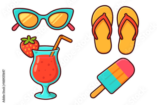Summer vacation beach accessories set. Colorful cartoon vector illustration collection with sunglasses, flip flops, cocktail drink, and popsicle. Isolated icon pack for travel.
