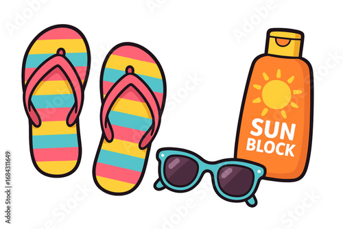Summer vacation essentials icon set. Colorful beach accessories with flip flops, sunglasses, and sunblock. Sun protection and travel concept. Vector cartoon flat illustration.