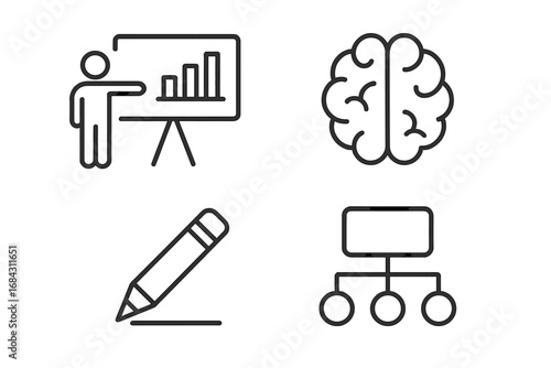 Business presentation line icon set with editable stroke. Icons for data analysis, brainstorming, creative writing, and process diagrams. Minimal vector pictogram collection.