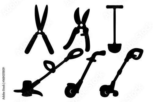 Garden tools silhouette vector icon set. Gardening equipment collection with hedge shears, trimmer, edger, spade, and secateurs. Lawn care and landscaping concept illustration.