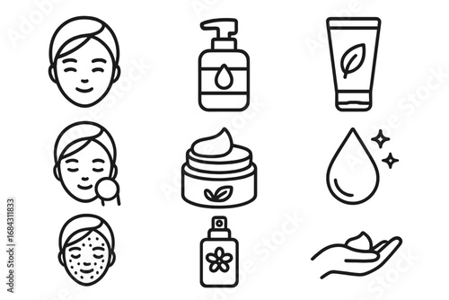 Skincare line icon set. Beauty, hygiene, and wellness collection. Vector icons for cosmetics, face cream, lotion, serum, and facial treatment routine. Natural beauty product.