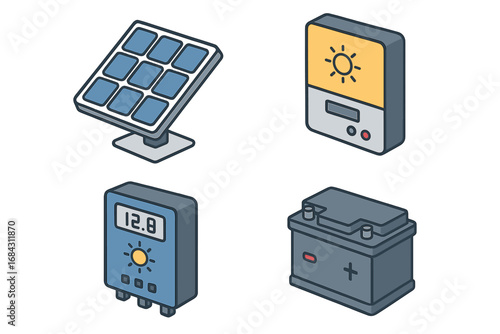 Solar energy components isometric icon set. Photovoltaic panel, inverter, charge controller. Renewable green power technology. Alternative electricity source vector illustration.