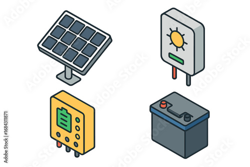 Isometric solar energy icon set. Photovoltaic panel, battery, inverter, and charge controller. Renewable green power components. Vector illustration for eco technology concept.