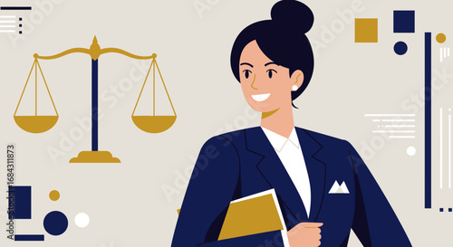Smiling Female Lawyer with Scales of Justice Illustration.