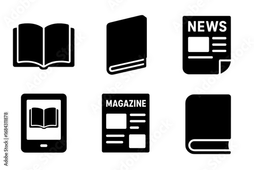 Reading and literature glyph icon set. Solid silhouette style vector symbols for book, ebook, and publication. Library, study, open book, hardcover, newspaper, magazine.