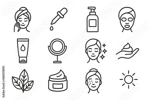 Skincare routine line icon set. Beauty, hygiene, and wellness collection. Vector icons for cosmetics, dermatology, and facial treatment. Serum, cream, face mask, sun protection.