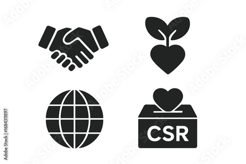 Corporate social responsibility solid icons set. CSR glyph symbols collection of business ethics, sustainability, charity, donation, environment, partnership and global impact.