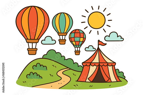 Whimsical hot air balloons flying over circus tent in summer landscape. Vector cartoon illustration set for festival, adventure, travel, and funfair concepts. Isolated on white.