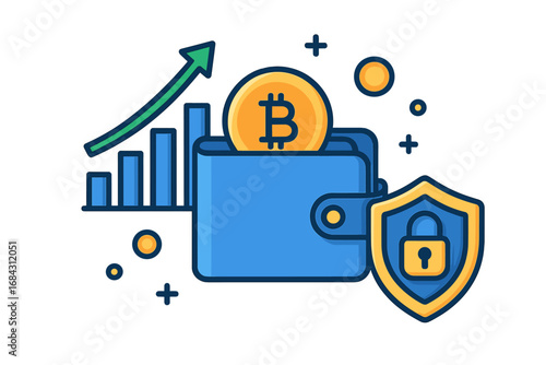Cryptocurrency wallet with Bitcoin coin and secure storage shield. Concept of digital finance safety, investment growth, and crypto asset protection. Vector icon illustration.