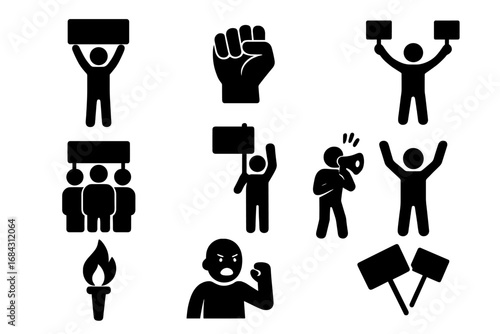 Protest and activism silhouette icon set. People demonstrating at a rally or strike. Icons of crowd, raised fist, megaphone, and signs for human rights movement concepts.