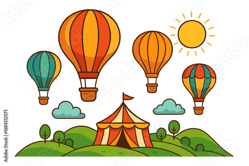 Colorful hot air balloon set over a scenic landscape with a circus tent. Vector cartoon illustration for festival, travel, and adventure concepts. Summer sky with sun and clouds.