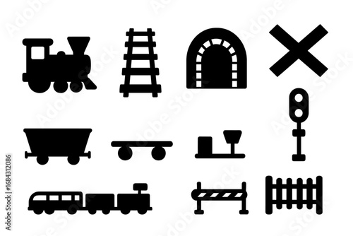 Railway icons set with train, tracks, tunnel, railroad crossing, signal, barrier, and wagons in silhouette vector style, cartoon illustration with transparent background, ordered collection
