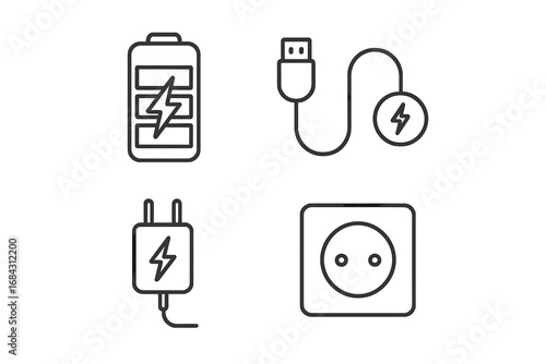 Set of Energy and Power Line Icons with Editable Stroke for Web, Apps, Design, Cards, and Technology. Includes Linear Vector Images of Battery, USB Cable, Charger, and Power Outlet.