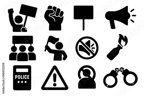 Protest and activism solid icon set. Vector symbols of demonstration, resistance, riot, and revolution. Police, civil rights, march, and social justice graphics collection.
