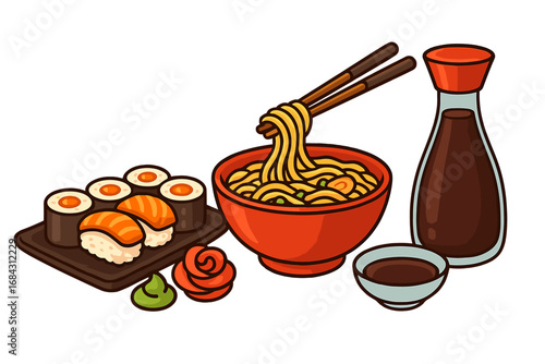 Asian food collection. Japanese cuisine concept. Cartoon vector illustration of sushi, maki, sashimi, ramen noodles, chopsticks, wasabi. Seafood restaurant menu element design.