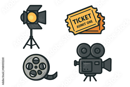 Film production icon set with cinema camera, studio spotlight, movie ticket, and film reel. Entertainment industry, filmmaking, and movie night concepts. Vector cartoon illustration.