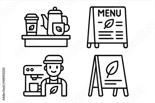 Tea shop & cafe outline icon set. Vector linear graphic collection of tea & coffee elements. Barista with machine, menu board, counter display, teapot, cup & sidewalk sign.