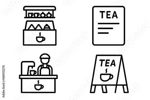 Vector outline icon set for tea shop and cafe. Barista at counter, menu, chalkboard sign, and display case elements. Simple linear symbols for coffee house and beverage business.