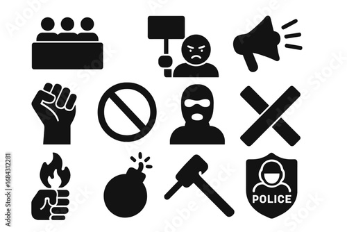 Protest and activism solid glyph icon set. Demonstration, resistance, revolution, riot symbols. Police, justice, rebellion, angry protestor, strike, fist, bomb icons.