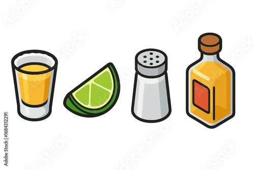 Tequila shot vector icon set with lime and salt. Isometric flat design illustration of alcohol drink elements: bottle, shot glass, citrus fruit, and salt shaker for celebration.