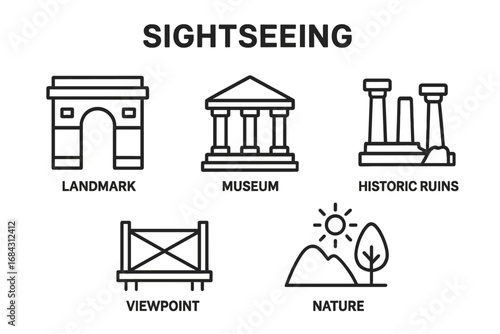 Sightseeing vector icon set. Thin line pictograms for tourism. Landmark, monument, museum, historic ruins, viewpoint, nature, travel, vacation, journey attraction symbols.