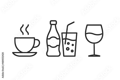 Beverage and drink icon set. Simple linear icons of coffee, soft drinks, and alcoholic beverages like wine. Editable stroke vector for menu, app, or web design.
