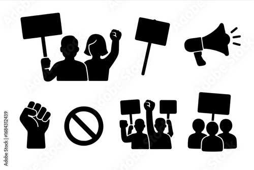 Protest silhouette icon set. Activism, demonstration symbols. People crowd with picket signs. Raised fist, megaphone. Revolution, strike, riot concept. Social justice vector.