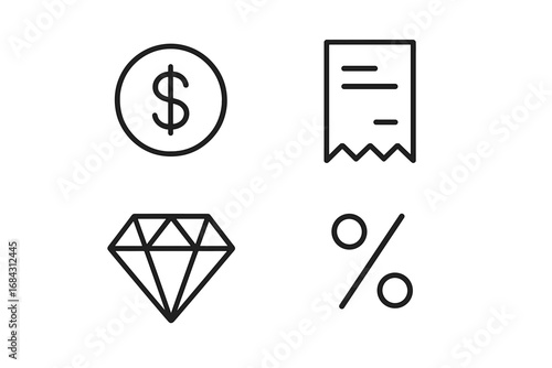Finance and shopping thin line icon set with dollar coin, payment receipt, value diamond, and discount percent sign. Minimalist vector pictograms with editable stroke for web.