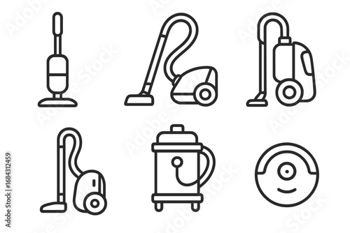 Set of six vacuum cleaner icons in minimalist linear style, vector cartoon illustration with transparent background, including upright, canister, cylinder, steam, and robot vacuum designs, ordered set
