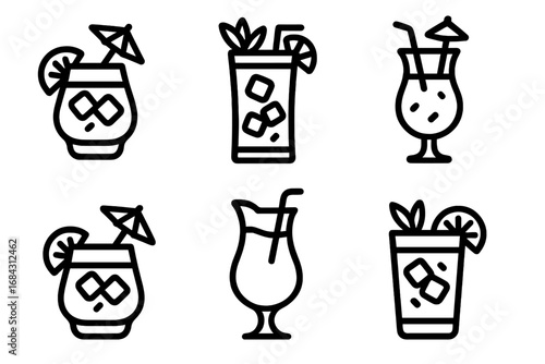 Tropical drink icon set. Vector outline illustration of tiki bar cocktails like Mai Tai, Zombie, and Blue Lagoon. Summer party beverage symbols for menu or graphic design.