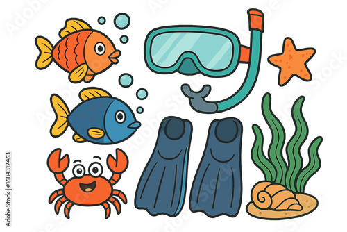 Cartoon marine life and snorkeling gear vector set. Cute ocean animal collection with fish, crab, starfish, mask, and flippers. Summer vacation underwater adventure icons.